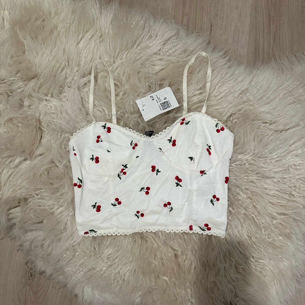Forever 21 White Lace Tank with Cherry Embroidery